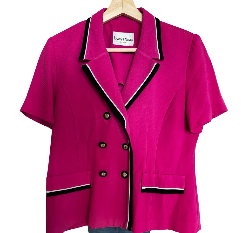 80S Danny & Nicole Magenta Pink Short Sleeve Suit Jacket Black Trim